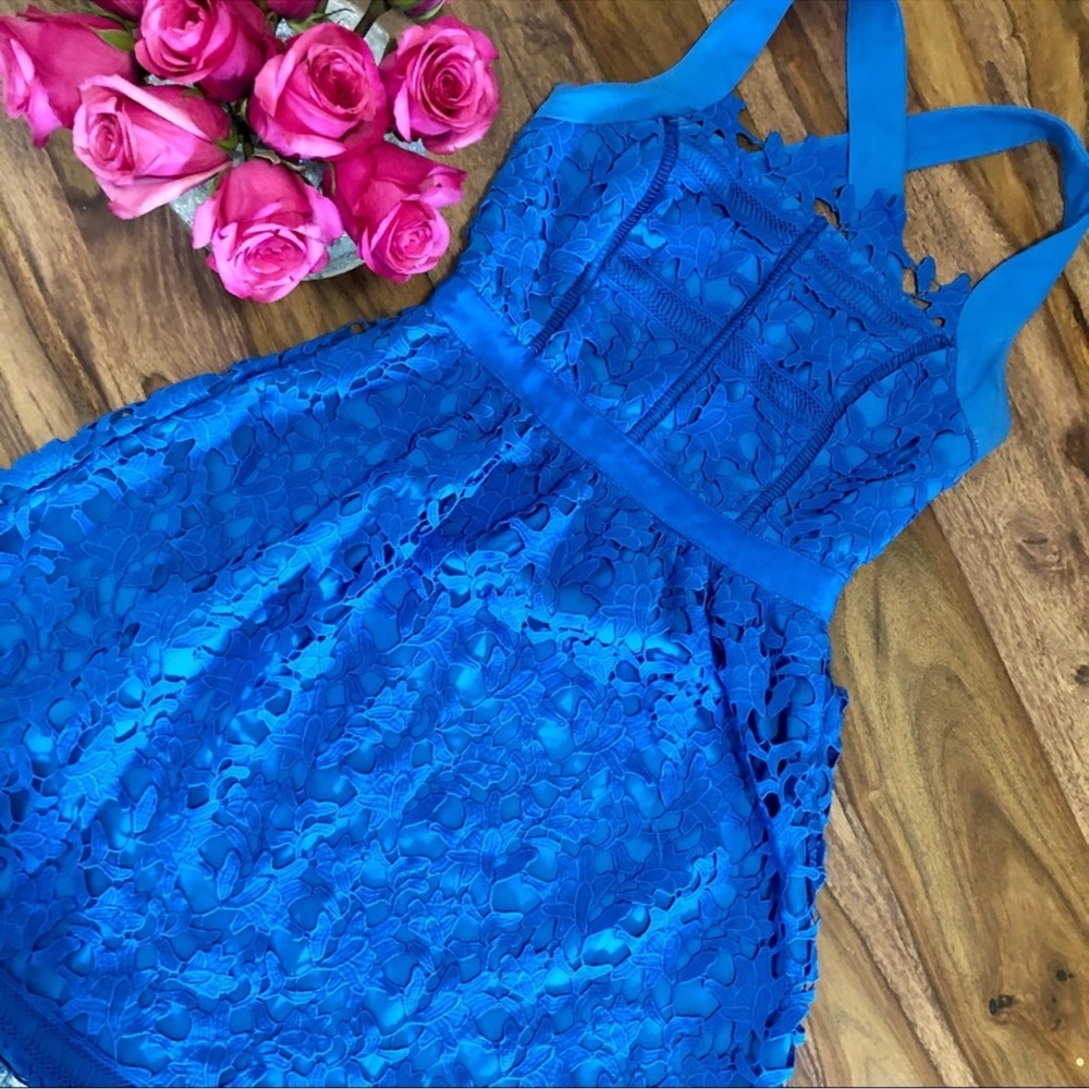 adelyn rae blue lace midi dress